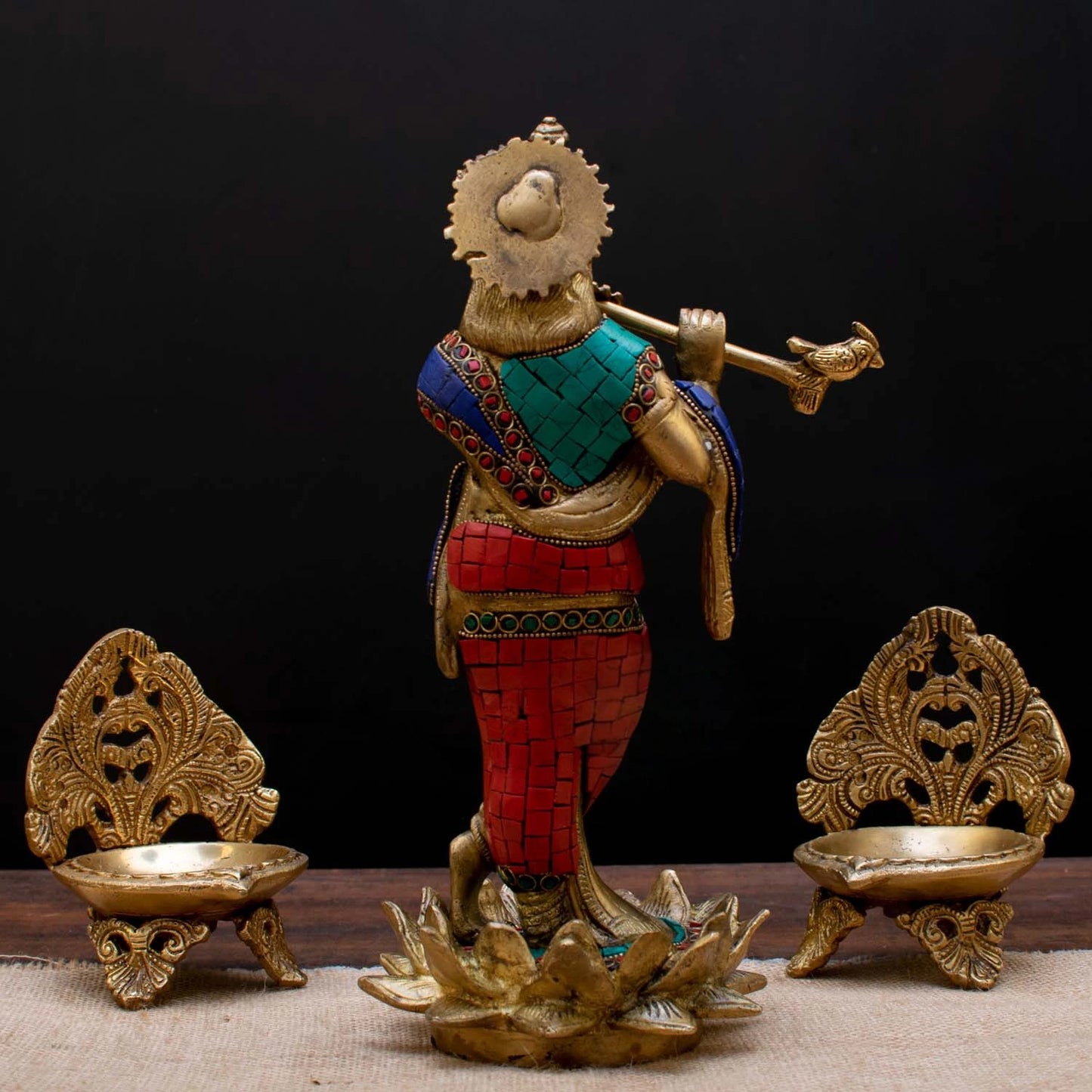 Brass Gem Stone Work Krishna Playing Flute Weight 2.8 Kg And Height 11 Inch