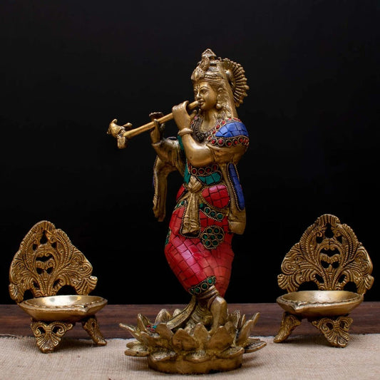 Brass Gem Stone Work Krishna Playing Flute Weight 2.8 Kg And Height 11 Inch