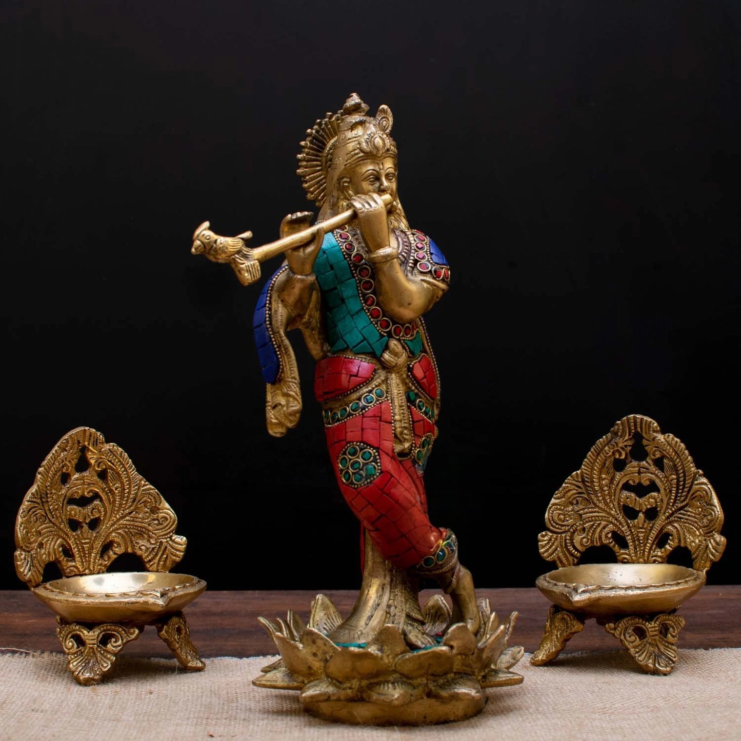 Brass Gem Stone Work Krishna Playing Flute Weight 2.8 Kg And Height 11 Inch