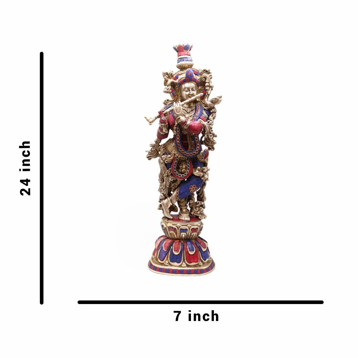 Brass Gem Stone Work Krishna Playing Flute Weight 12 Kg And Height 24 Inch