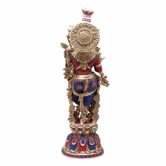 Brass Gem Stone Work Krishna Playing Flute Weight 12 Kg And Height 24 Inch