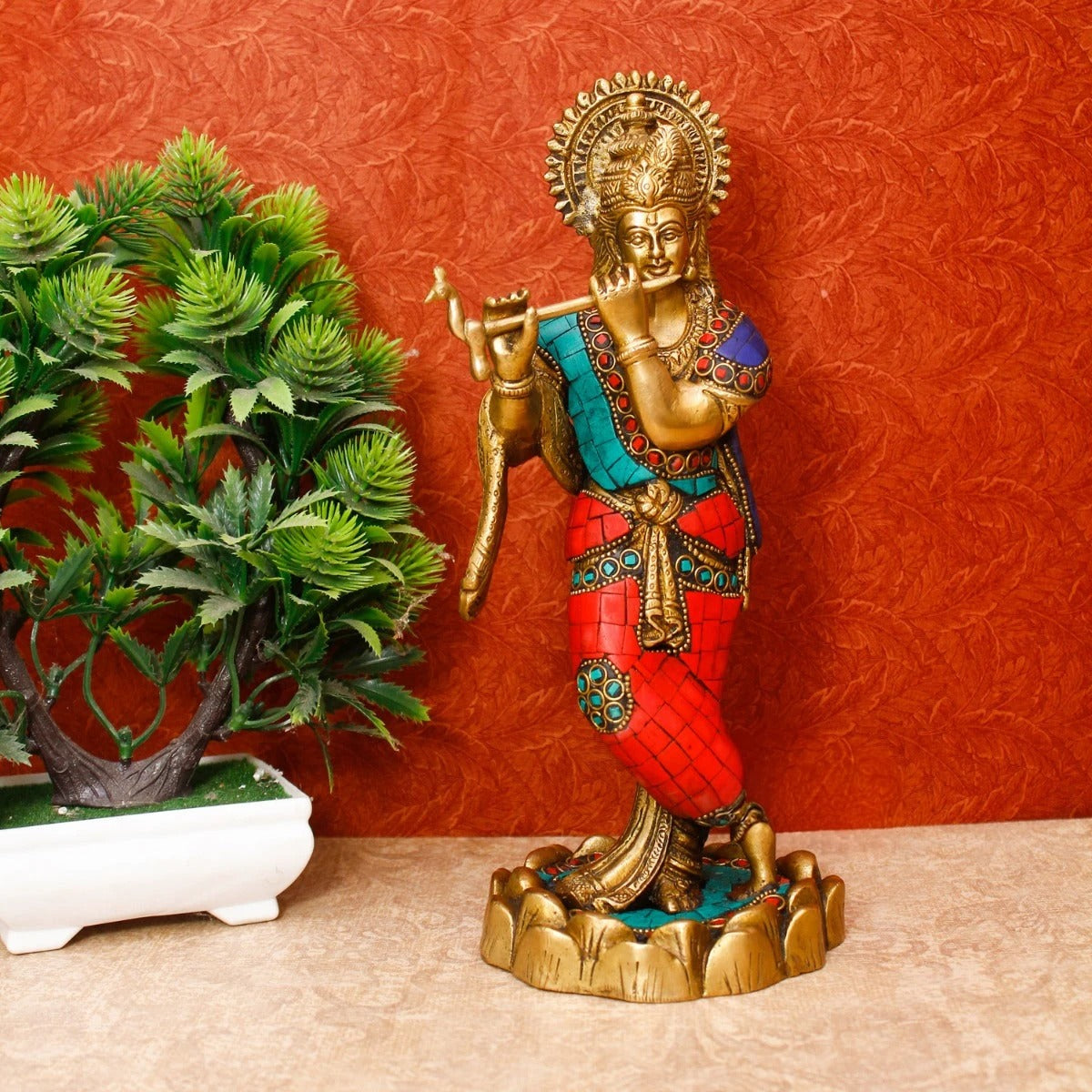 Brass Krishna Playing Flute Weight 2 Kg And Height 10 Inch