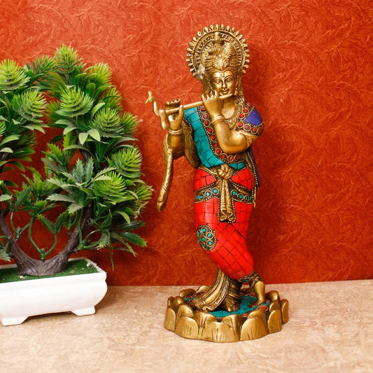 Brassaura® Lord Krishna Playing Flute Idol with Multi-Color Stone Work Finish | Pure Superfine Brass Handcrafted Murti | Brass Statue for Home Temple, Pooja Room, Spiritual Décor & Luxury Gifting | Height 10 Inches | Weight 2 Kg