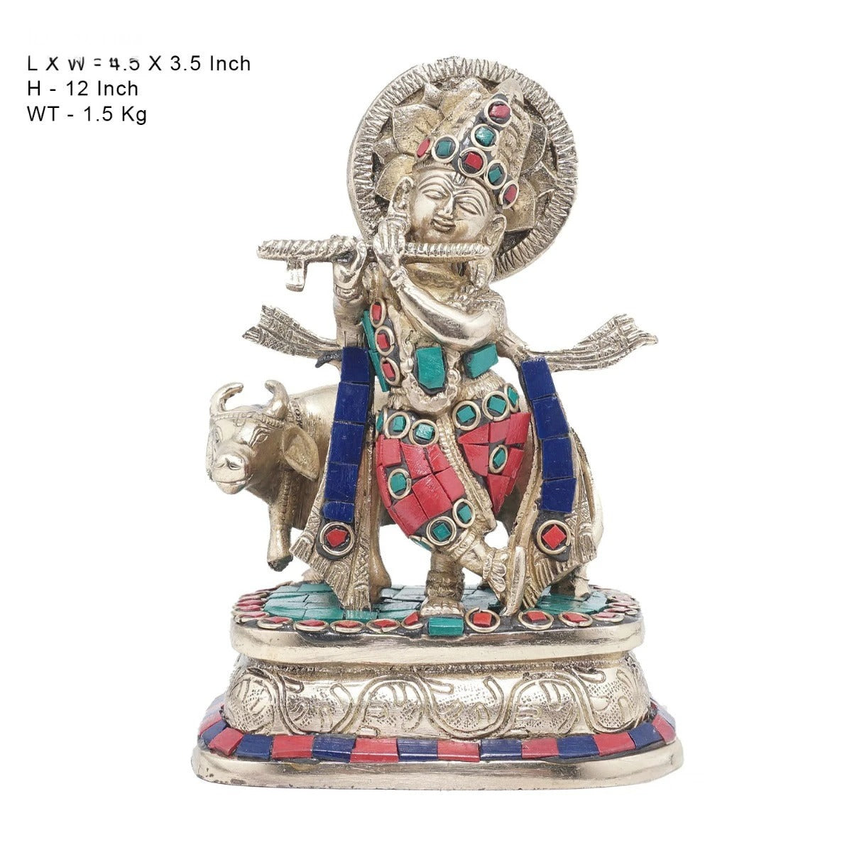 Brass Gem Stone Work Cow & Krishna Weight 1.5 Kg And Height 6.5 Inch