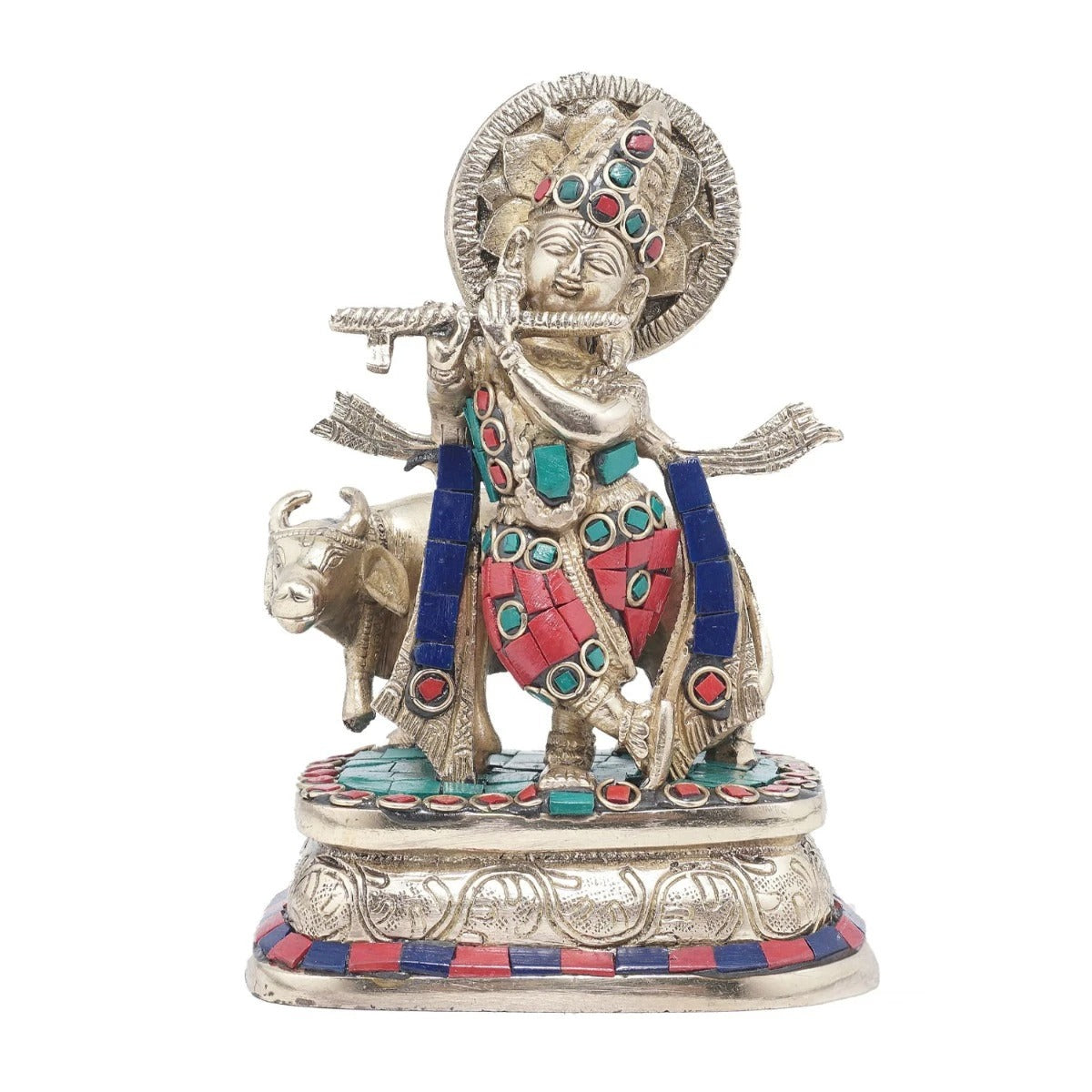 Brass Gem Stone Work Cow & Krishna Weight 1.5 Kg And Height 6.5 Inch