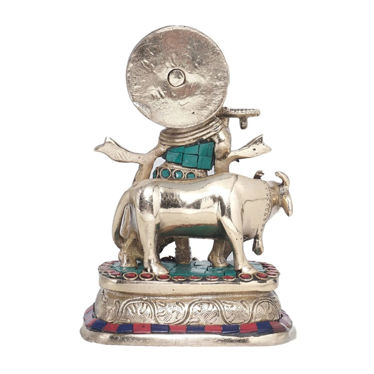 Brass Gem Stone Work Cow & Krishna Weight 1.5 Kg And Height 6.5 Inch