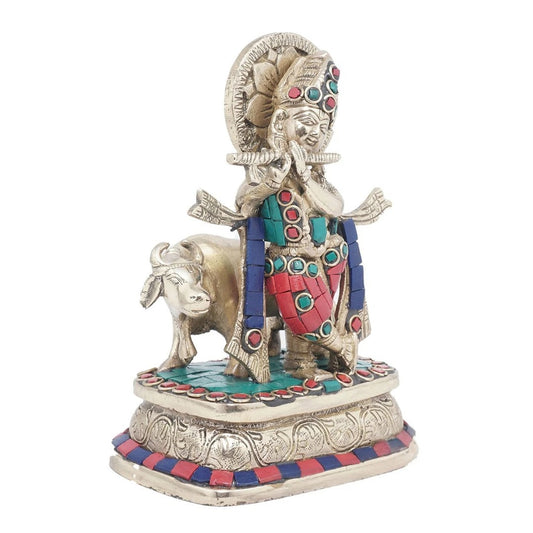 Brass Gem Stone Work Cow & Krishna Weight 1.5 Kg And Height 6.5 Inch