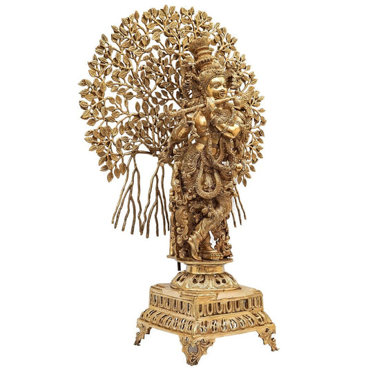 Brassaura™ Brass Krishna With Tree – Height 35 Inches & Weight 30 Kgs | Majestic Handcrafted Sculpture for Temple & Home Décor