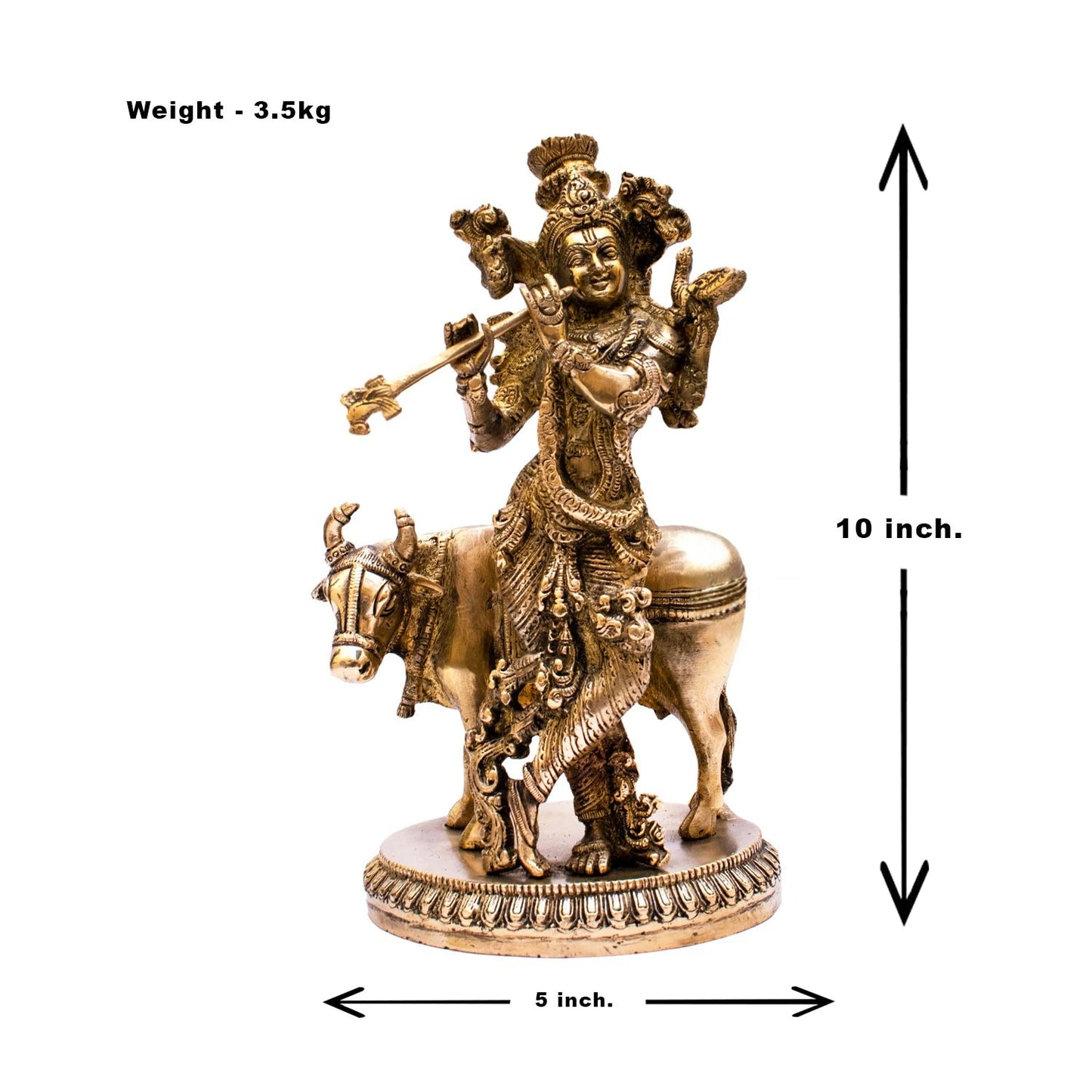 Brass Vintage Cow & Krishna Playing Flute Weight 2.95 Kg And Height 10 Inch