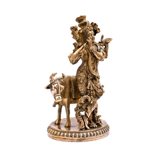 Brass Vintage Cow & Krishna Playing Flute Weight 2.95 Kg And Height 10 Inch