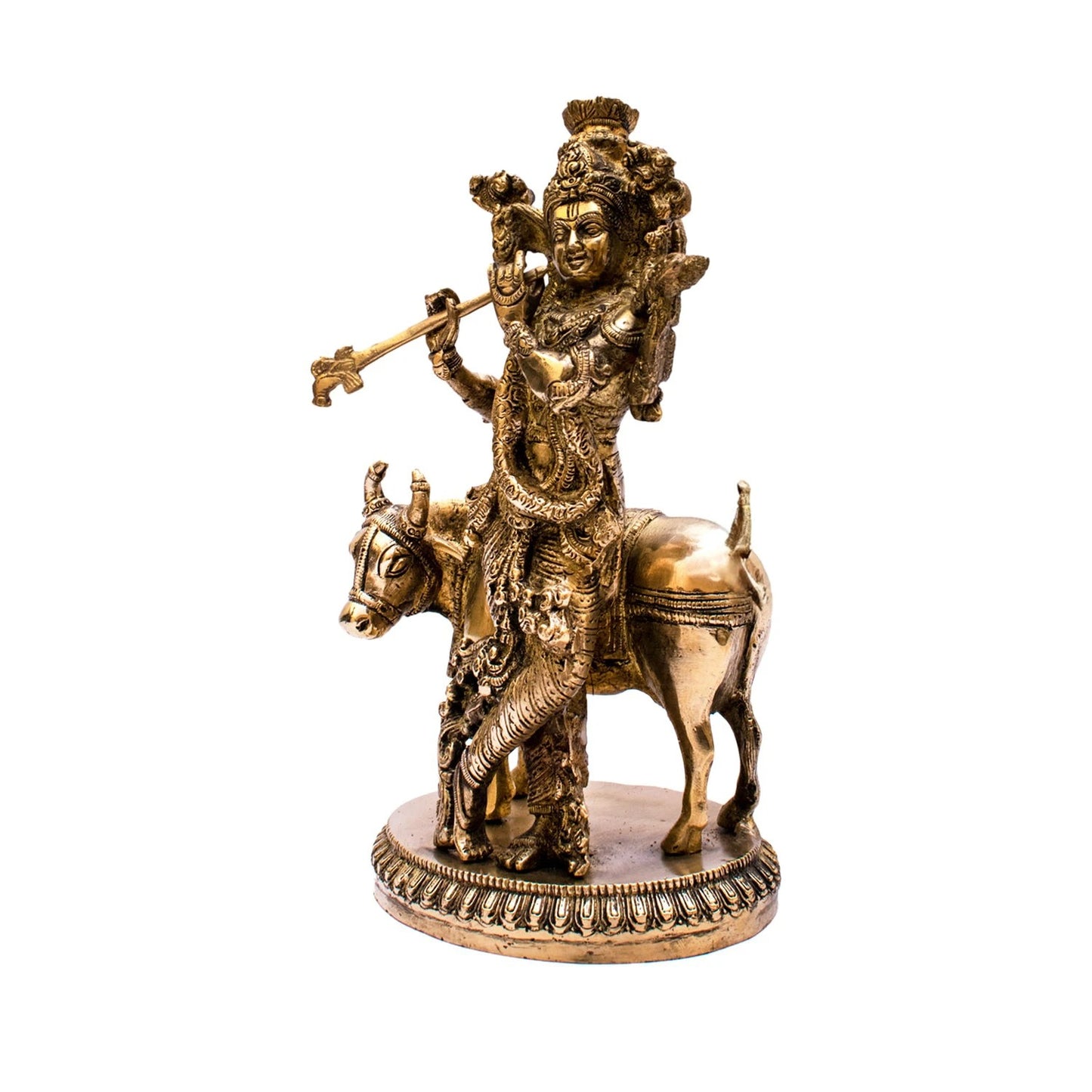Brass Vintage Cow & Krishna Playing Flute Weight 2.95 Kg And Height 10 Inch