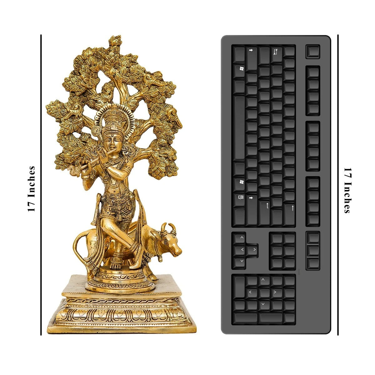 Brass Tree Cow & Krishna Playing Flute Weight 7.6 Kg And Height 17 Inch