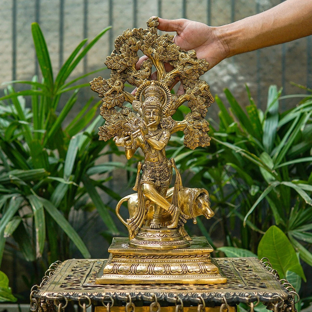 Brass Tree Cow & Krishna Playing Flute Weight 7.6 Kg And Height 17 Inch
