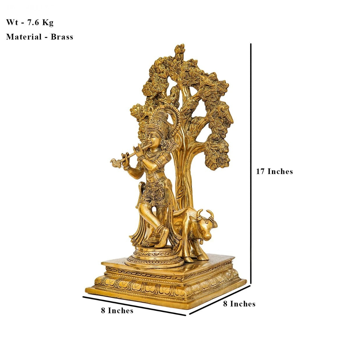 Brass Tree Cow & Krishna Playing Flute Weight 7.6 Kg And Height 17 Inch