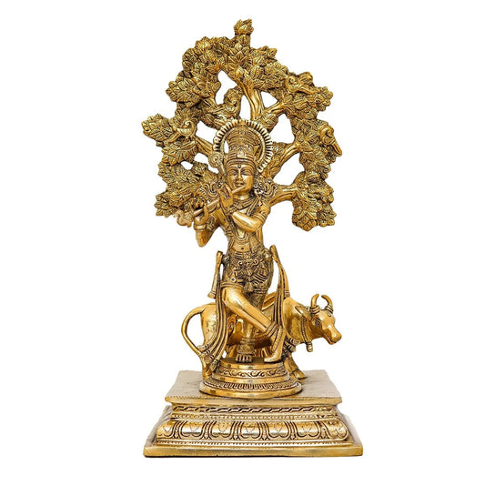 Brassaura™ Brass Krishna Tree With Cow – Height 17 Inches & Weight 7.6 Kgs | Exquisite Brass Artwork Depicting Divine Harmony