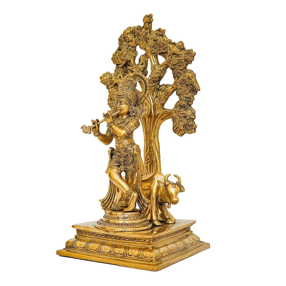 Brass Tree Cow & Krishna Playing Flute Weight 7.6 Kg And Height 17 Inch