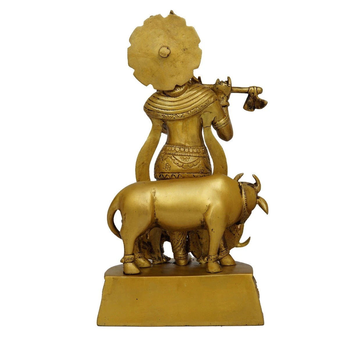 Brass Vintage Cow & Krishna Playing Flute Weight 4.1 Kg And Height 12.5 Inch