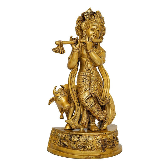 Brassaura® Lord Krishna Playing Flute Idol with Cow | Pure Superfine Brass Handcrafted Murti | Brass Statue for Home Temple, Pooja Room, Living Room Décor & Spiritual Gifting | Height 12.5 Inches | Weight 4.1 Kg
