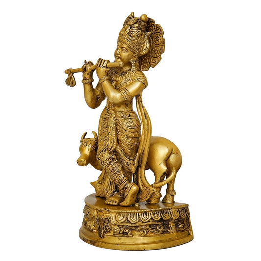Brass Vintage Cow & Krishna Playing Flute Weight 4.1 Kg And Height 12.5 Inch