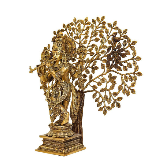 Brassaura™ Brass Krishna With Tree – Height 22 Inches & Weight 13.4 Kgs | Divine Flute-Playing Krishna Statue for Spiritual Décor