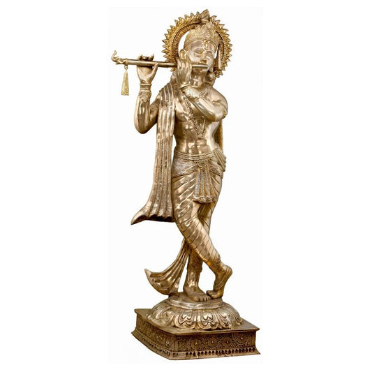 Brassaura® Lord Krishna Playing Flute Idol with Antique Finish | Pure Superfine Brass Handcrafted Murti | Brass Statue for Home Temple, Pooja Room, Spiritual Décor & Luxury Gifting | Height 79 Inches | Weight 140 Kg