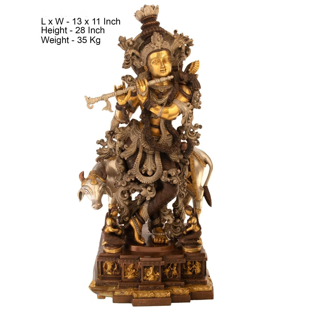Brass Cow & Krishna Playing Flute Weight 35 Kg And Height 28 Inch