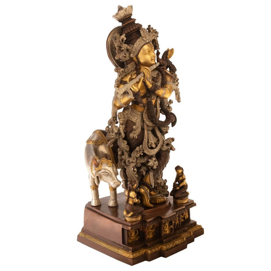 Brass Cow & Krishna Playing Flute Weight 35 Kg And Height 28 Inch