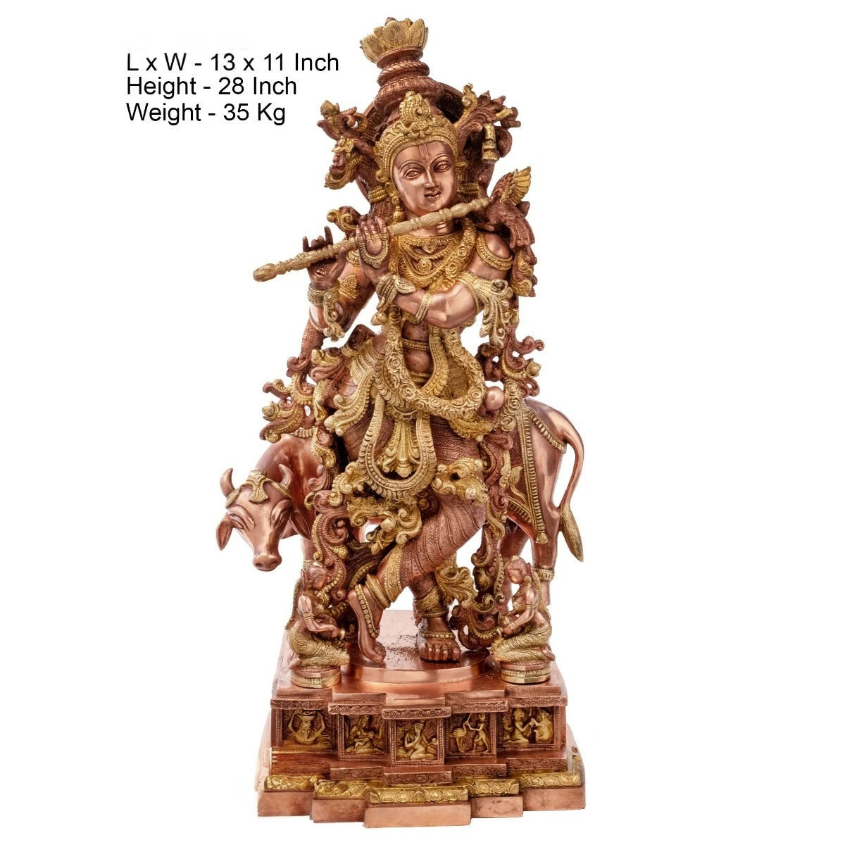 Brass Cow & Krishna Playing Flute Weight 35 Kg And Height 28 Inch