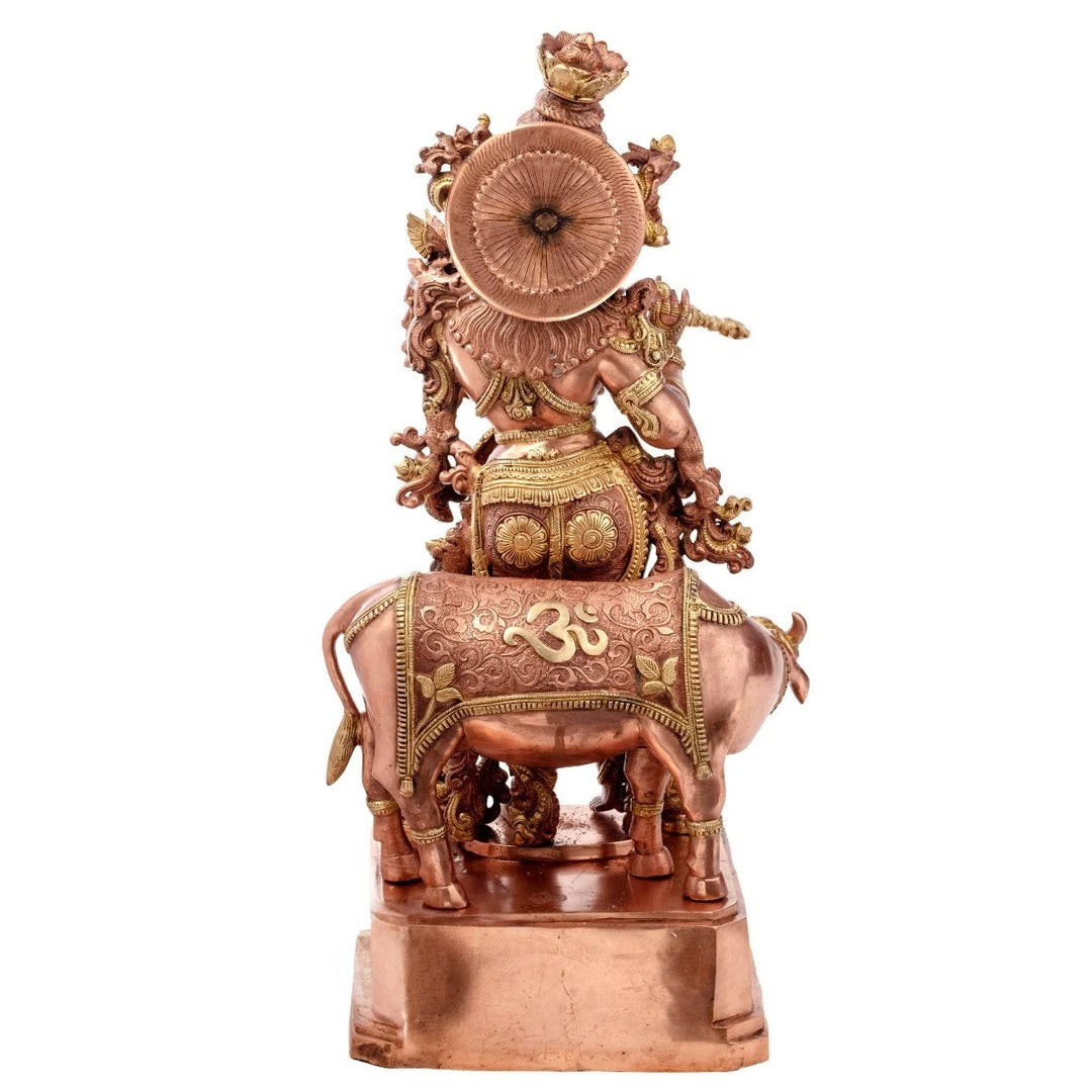 Brass Cow & Krishna Playing Flute Weight 35 Kg And Height 28 Inch