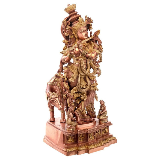Brass Cow & Krishna Playing Flute Weight 35 Kg And Height 28 Inch