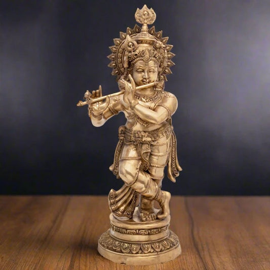 Brassaura® Lord Krishna Playing Flute Idol with Antique Finish | Pure Superfine Brass Handcrafted Murti | Brass Statue for Home Temple, Pooja Room, Spiritual Décor & Luxury Gifting | Height 46 Inches | Weight 44 Kg