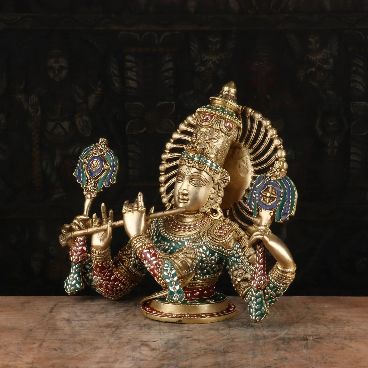 Brass Gem Stone Work Krishna Playing Flute Weight 12.7 Kg