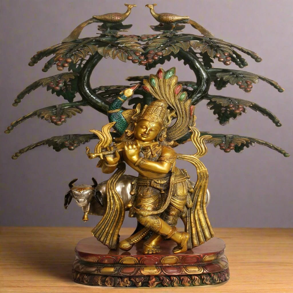 Brass Tree Cow & Krishna Playing Flute Weight 42 Kg And Height 33 Inch