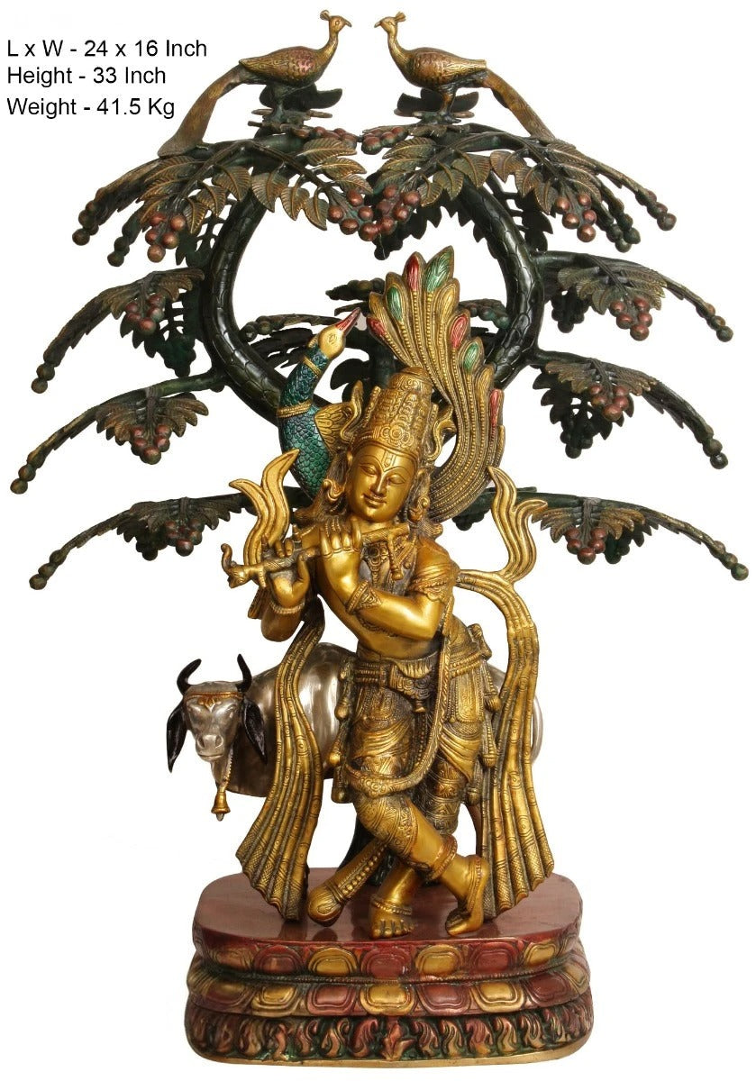 Brass Tree Cow & Krishna Playing Flute Weight 42 Kg And Height 33 Inch