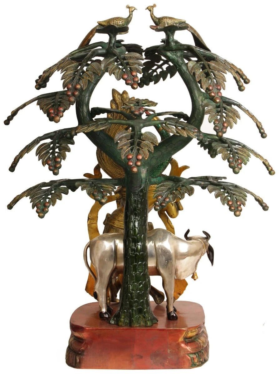 Brass Tree Cow & Krishna Playing Flute Weight 42 Kg And Height 33 Inch