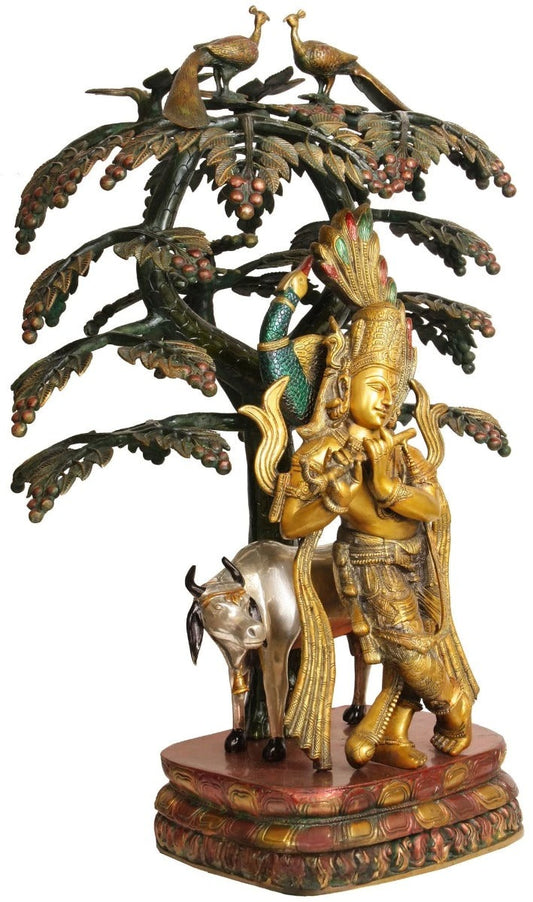 Brassaura™ Brass Krishna Tree With Cow – Height 33 Inches & Weight 42 Kgs | Traditional Handcrafted Sculpture for Temple & Home