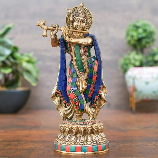 Brassaura® Lord Krishna Playing Flute Idol with Gemstone Work | Pure Superfine Brass Handcrafted Murti | Stonework Brass Statue for Home Temple, Spiritual Décor & Luxury Gifting | Height 10 Inches | Weight 1.8 Kg