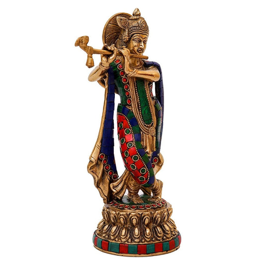 Brass Gem Stone Work Krishna Playing Flute Weight 1.8 Kg