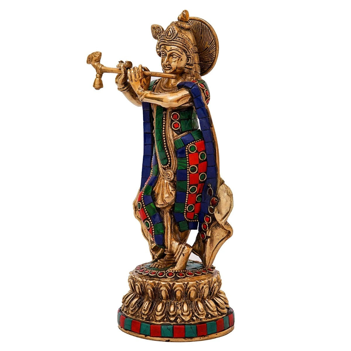Brass Gem Stone Work Krishna Playing Flute Weight 1.8 Kg