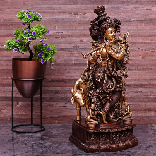 Brass Cow & Krishna Weight 34 Kg And Height 28 Inch