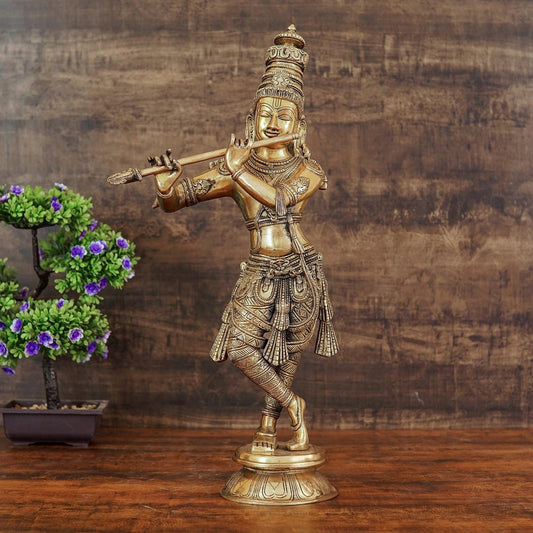 Brassaura® Lord Krishna Playing Flute Idol with Antique Finish | Pure Superfine Brass Handcrafted Murti | Brass Statue for Home Temple, Pooja Room, Spiritual Décor & Luxury Gifting | Height 22 Inches | Weight 9.5 Kg