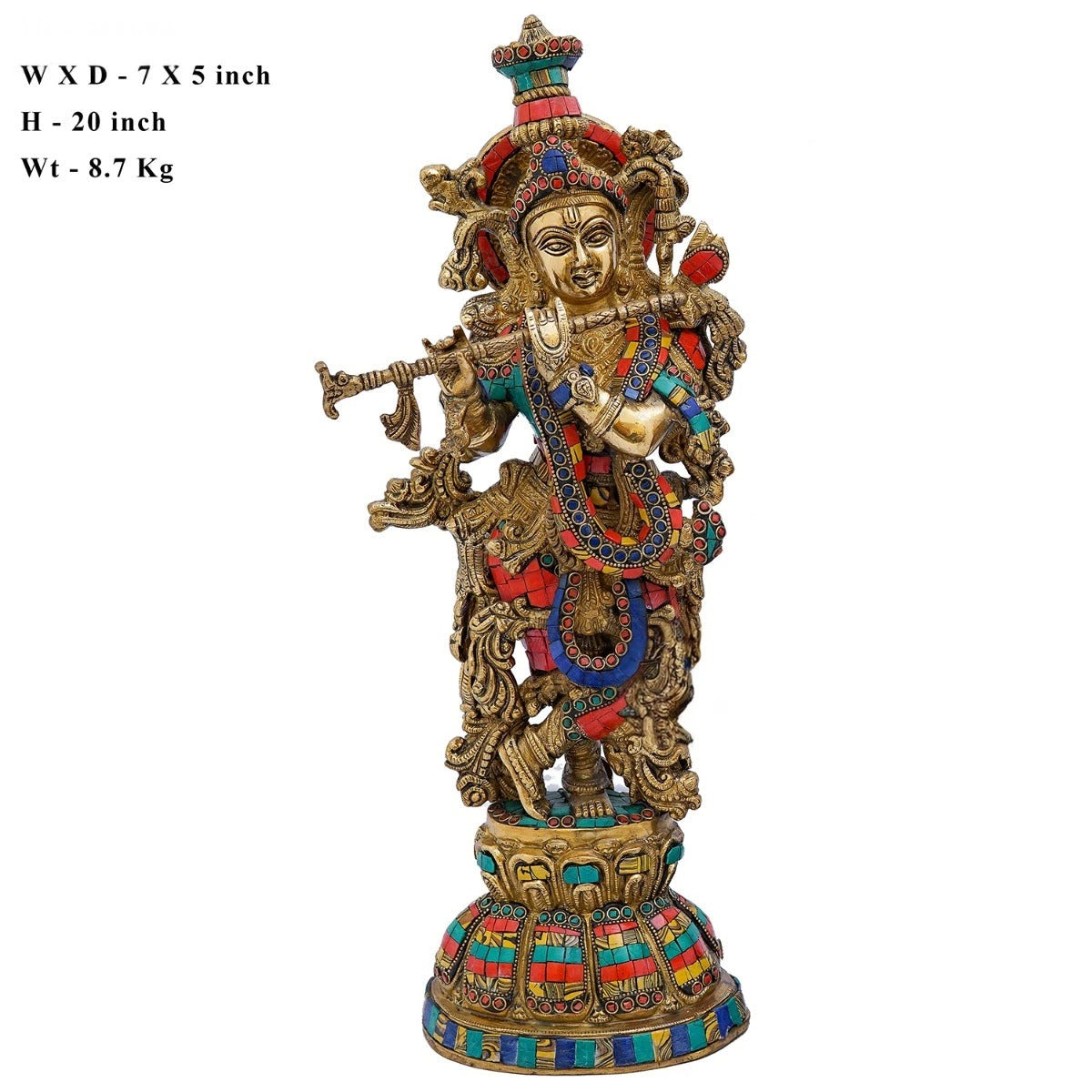 Brass Gem Stone Work Krishna Playing Flute Weight 9 Kg And Height 20 Inch