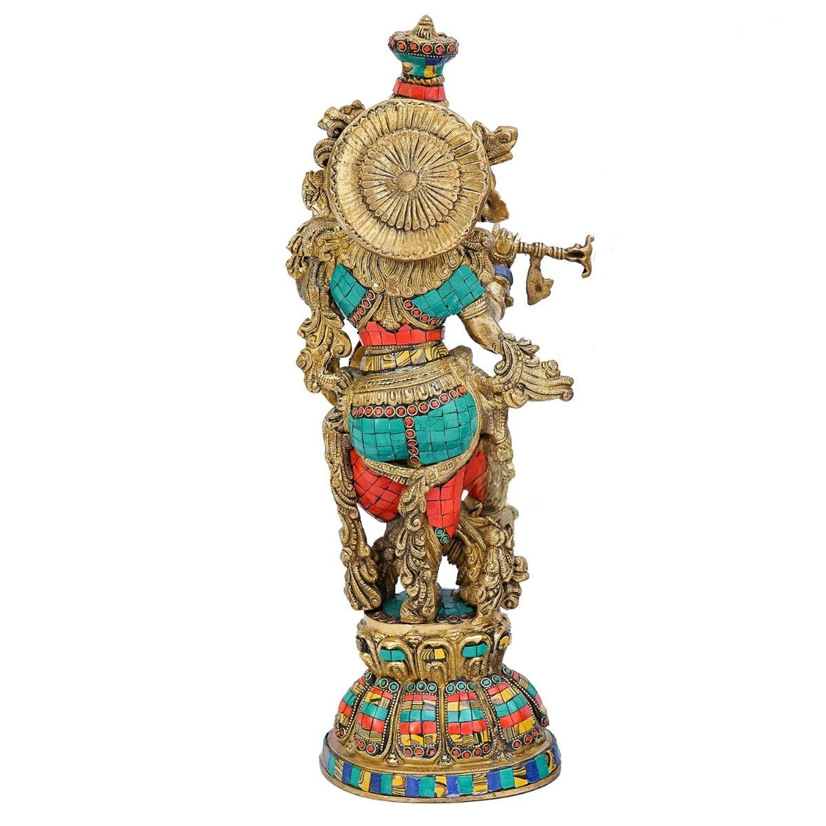 Brass Gem Stone Work Krishna Playing Flute Weight 9 Kg And Height 20 Inch