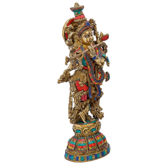 Brass Gem Stone Work Krishna Playing Flute Weight 9 Kg And Height 20 Inch