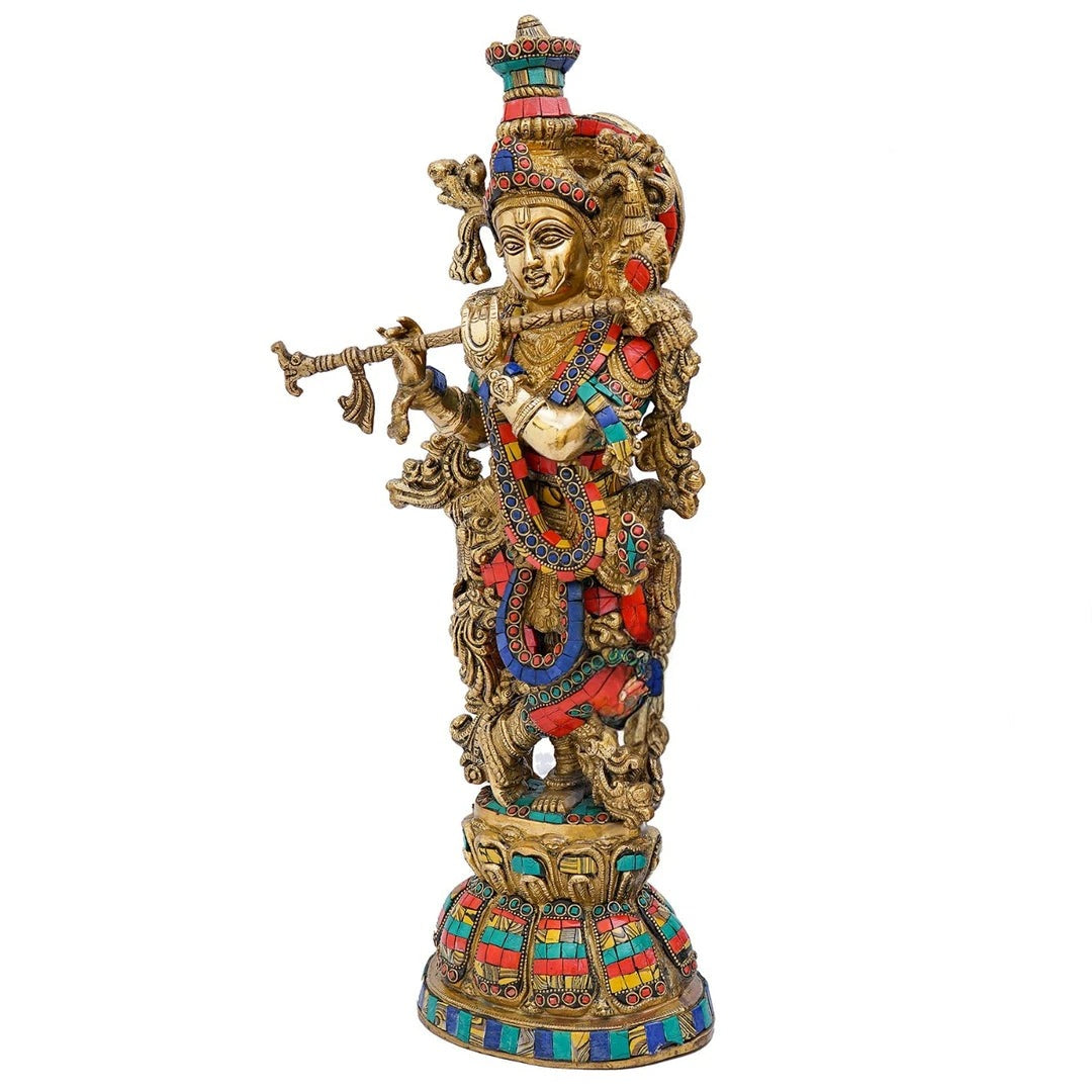 Brass Gem Stone Work Krishna Playing Flute Weight 9 Kg And Height 20 Inch