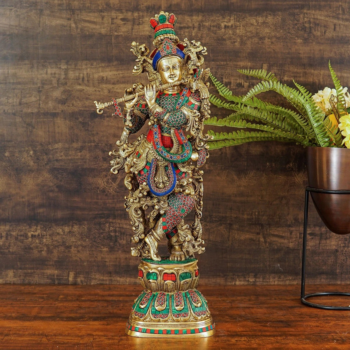 Brass Gem Stone Work Krishna Playing Flute Weight 16.5 Kg And Height 30 Inch