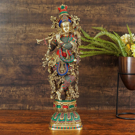 Brassaura® Lord Krishna Playing Flute Idol with Multi-Color Stone Work Finish | Pure Superfine Brass Handcrafted Murti | Brass Statue for Home Temple, Pooja Room, Spiritual Décor & Luxury Gifting | Height 30 Inches | Weight 16.5 Kg