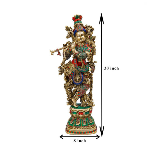 Brass Gem Stone Work Krishna Playing Flute Weight 16.5 Kg And Height 30 Inch