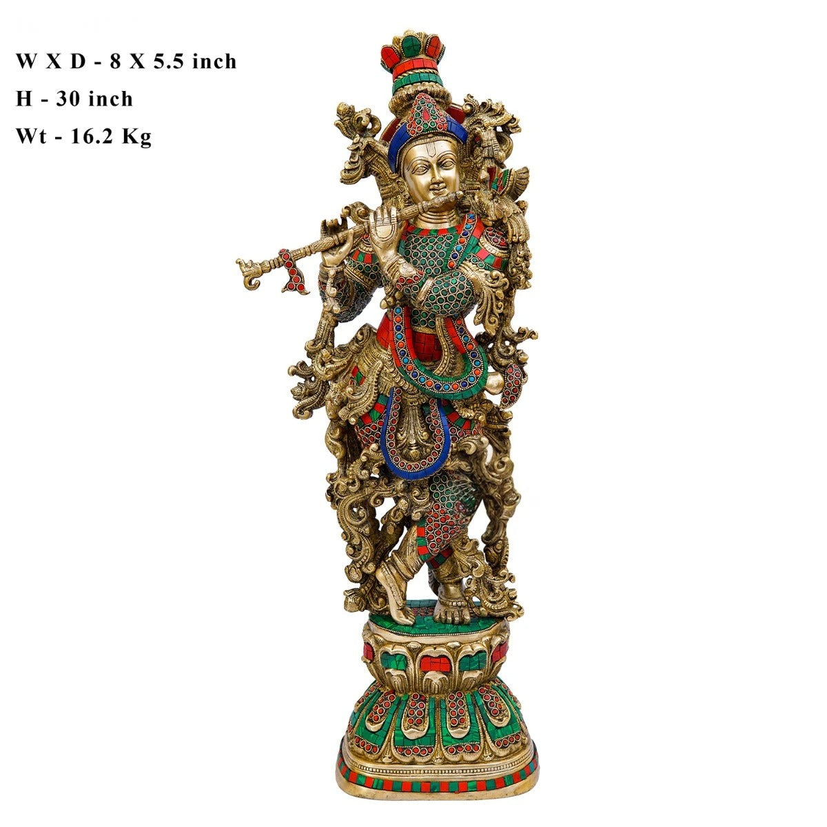 Brass Gem Stone Work Krishna Playing Flute Weight 16.5 Kg And Height 30 Inch