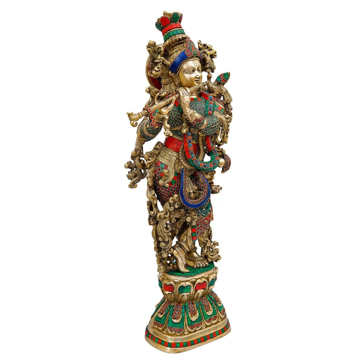 Brass Gem Stone Work Krishna Playing Flute Weight 16.5 Kg And Height 30 Inch